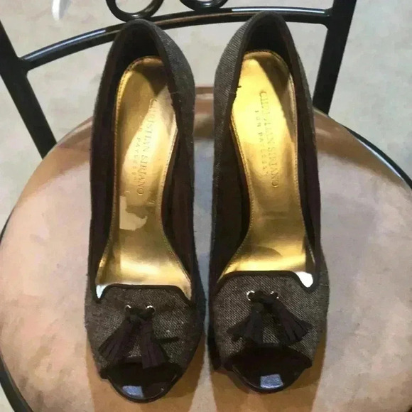 Christian Siriano for Payless Brown & Cream Cloth Peep Toe 5 Inch Heels- Size 7 - Picture 3 of 9